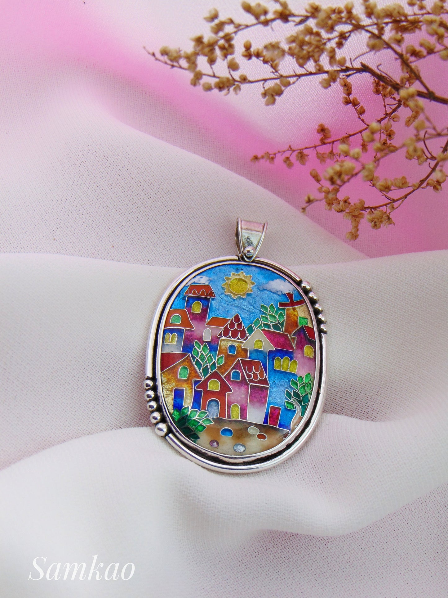 Pendant with colorful houses, Cloisonne enamel jewelry, one of a kind cloisonne enamel pendant, gift for her, Sterling silver