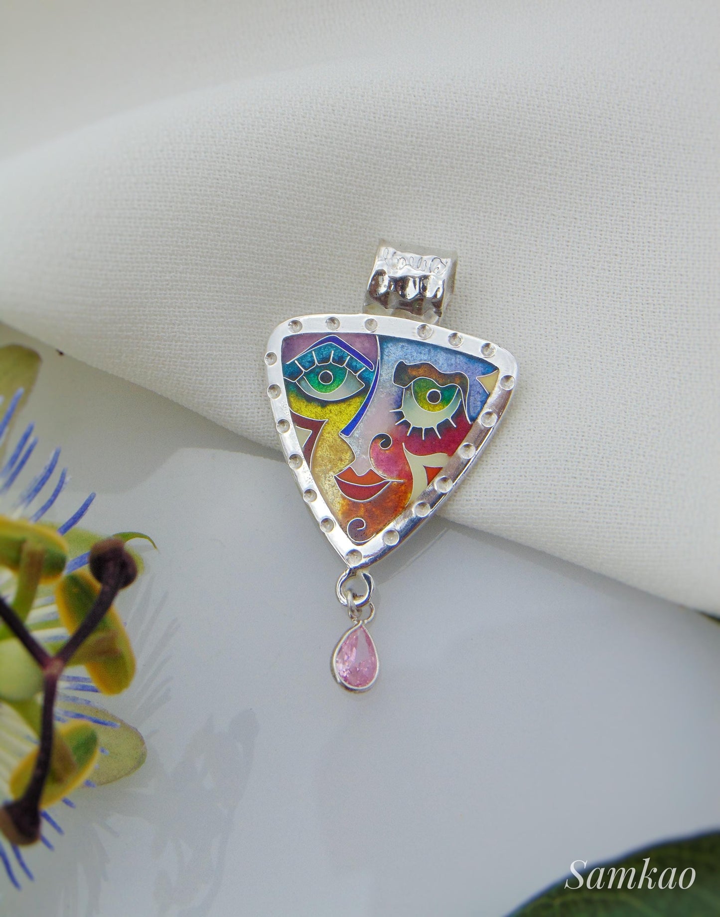 Colorful Cloisonné Enamel Pendant,Abstract Face Jewelry,Handmade Sterling Silver Necklace,Art Jewelry,Gift for Her,Unique Statement piece