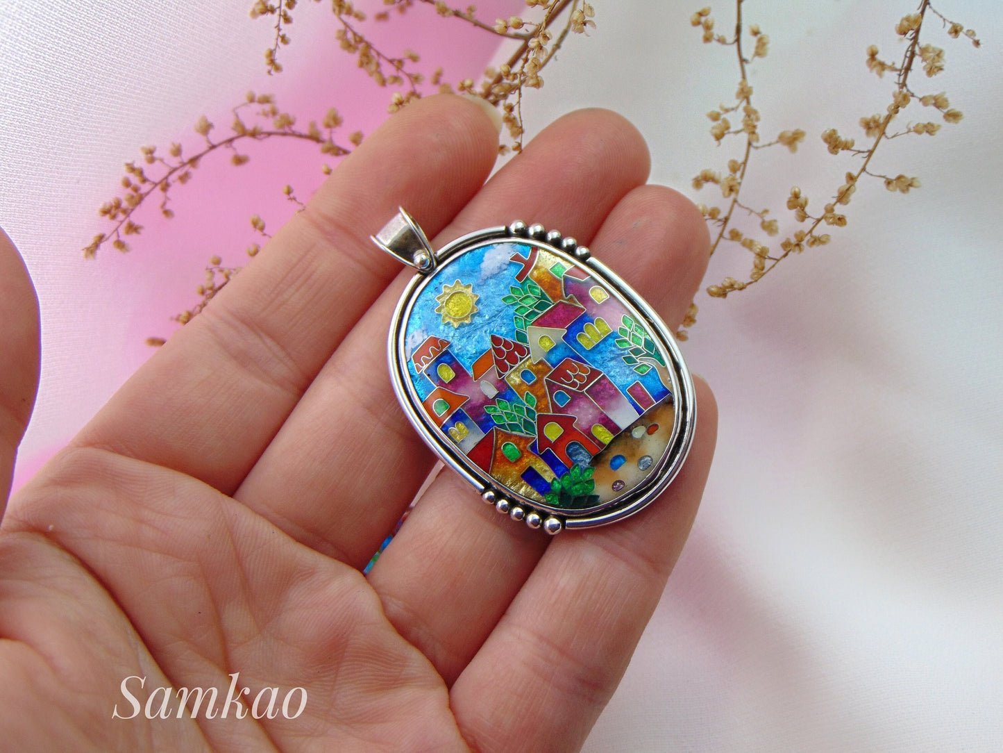 Pendant with colorful houses, Cloisonne enamel jewelry, one of a kind cloisonne enamel pendant, gift for her, Sterling silver