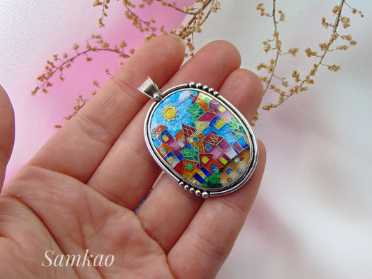 Pendant with colorful houses, Cloisonne enamel jewelry, one of a kind cloisonne enamel pendant, gift for her, Sterling silver