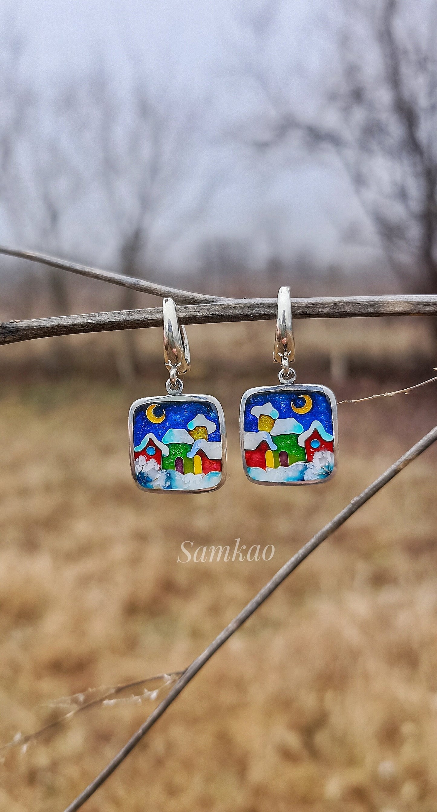 Cloisonne enamel earrings,Fine silver, Sterling silver, Snowy houses, Christmas jewelry,