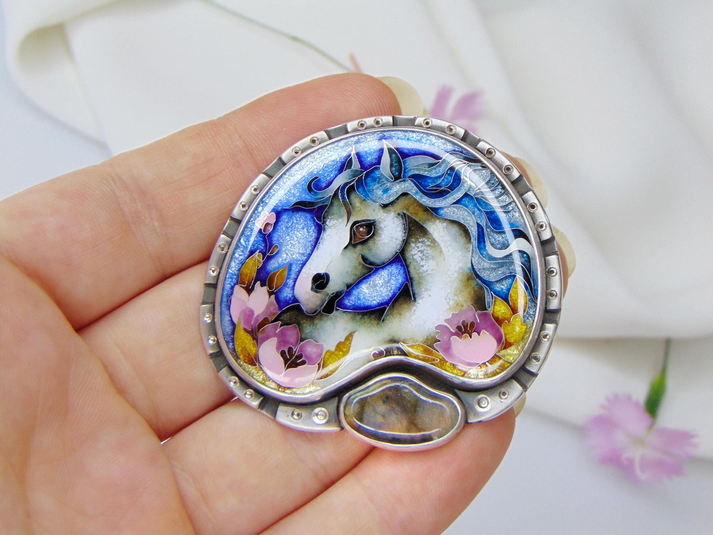 Cloisonné Enamel Horse Pendant with Labradorite – Handmade Silver Necklace – Equestrian Jewelry – Artisan Statement Pendant – One of a Kind