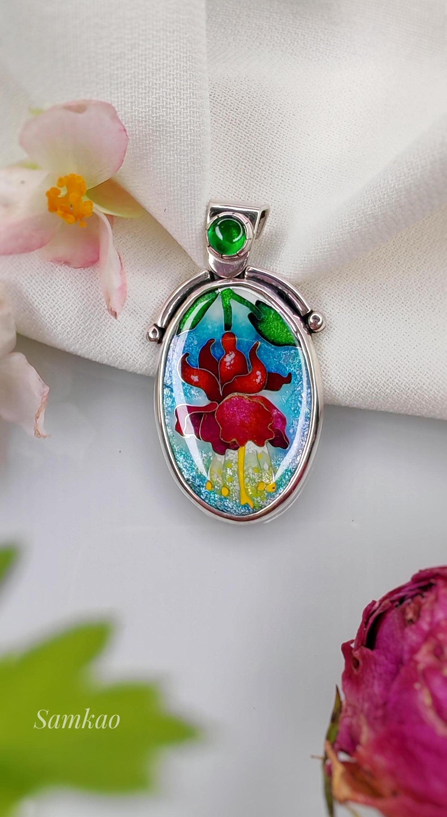 Fuchsia flower pendant, Cloisonne enamel jewelry,Sterling silver, Green gemstone