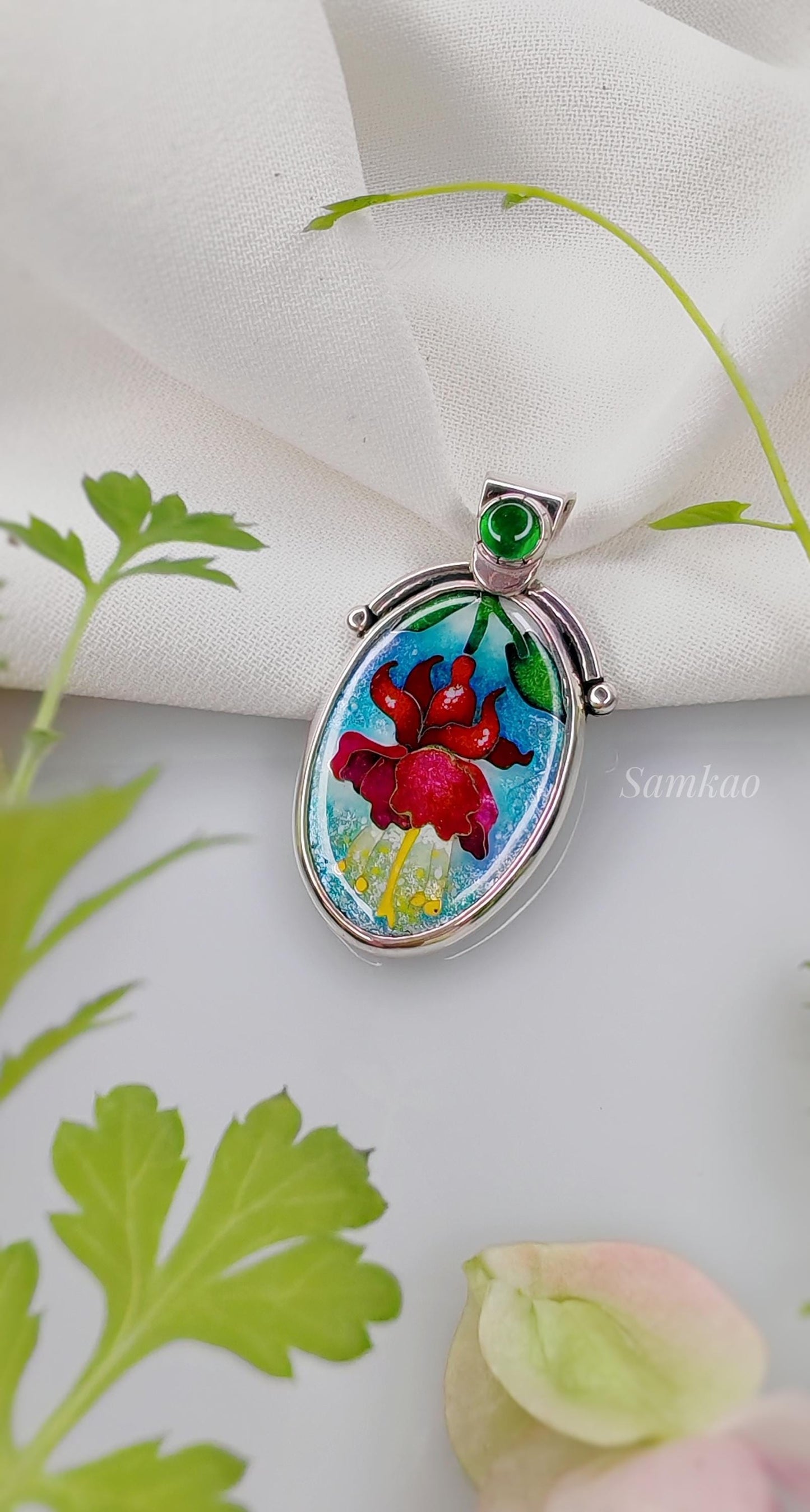 Fuchsia flower pendant, Cloisonne enamel jewelry,Sterling silver, Green gemstone