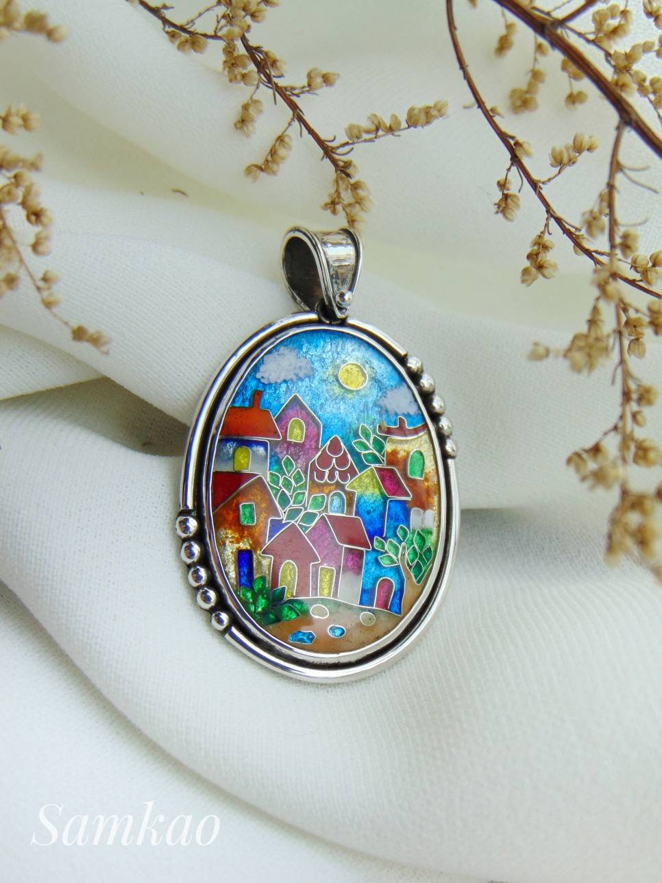 Colorful houses, Georgian Cloisonne enamel pendant, Handmade jewelry,Sterling silver 925 , Colorful jewelry,Artisan jewelry