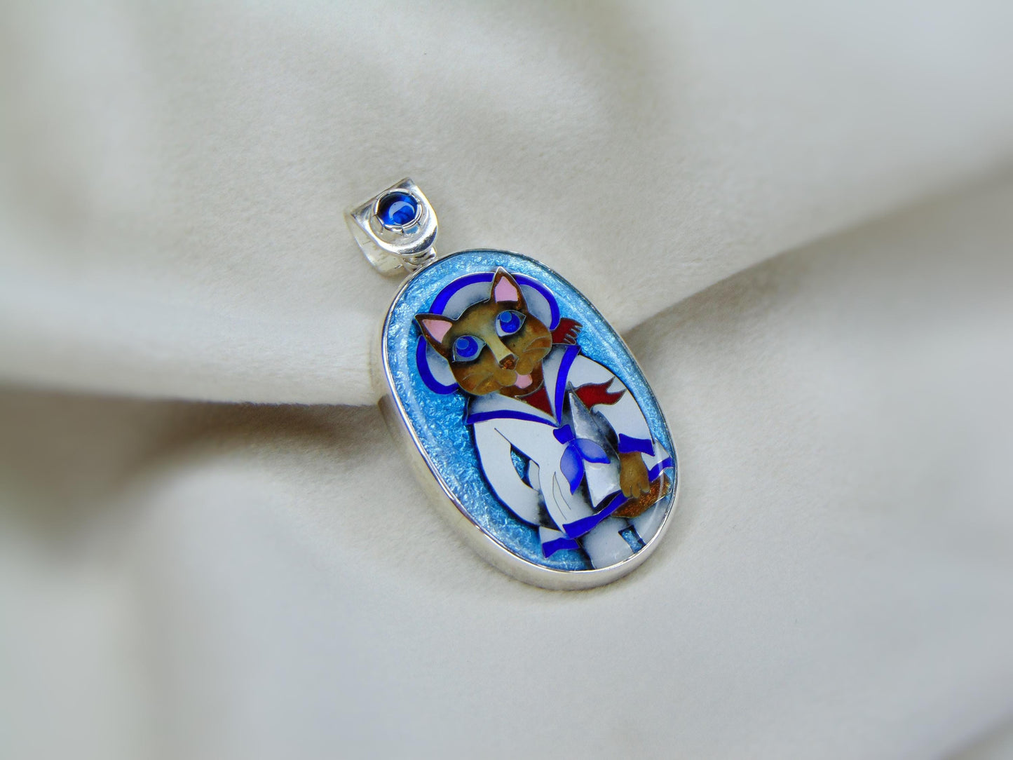 Cloisonné Enamel Cat Sailor Pendant – Silver Frame with Blue Gemstone – Handmade Enamel Jewelry