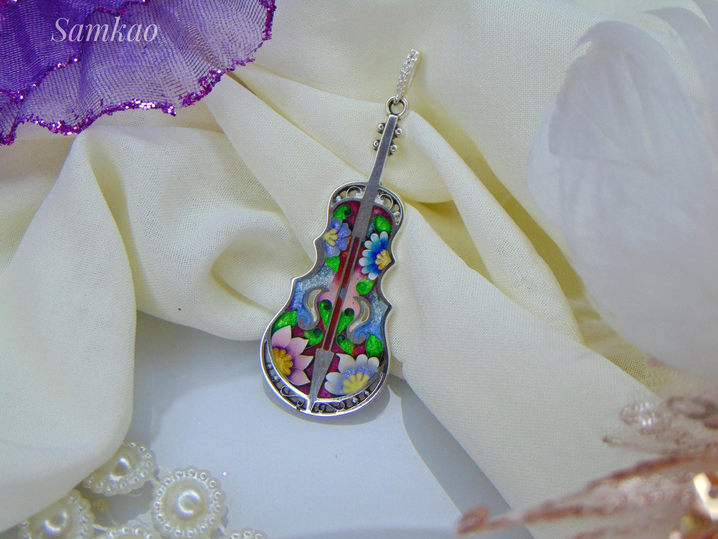Violin pendant,Cello Pendant,Georgian Cloisonne Enamel,Fine Silver,Violin Brooch,Musical Instrument Jewelry,Gift For Musician