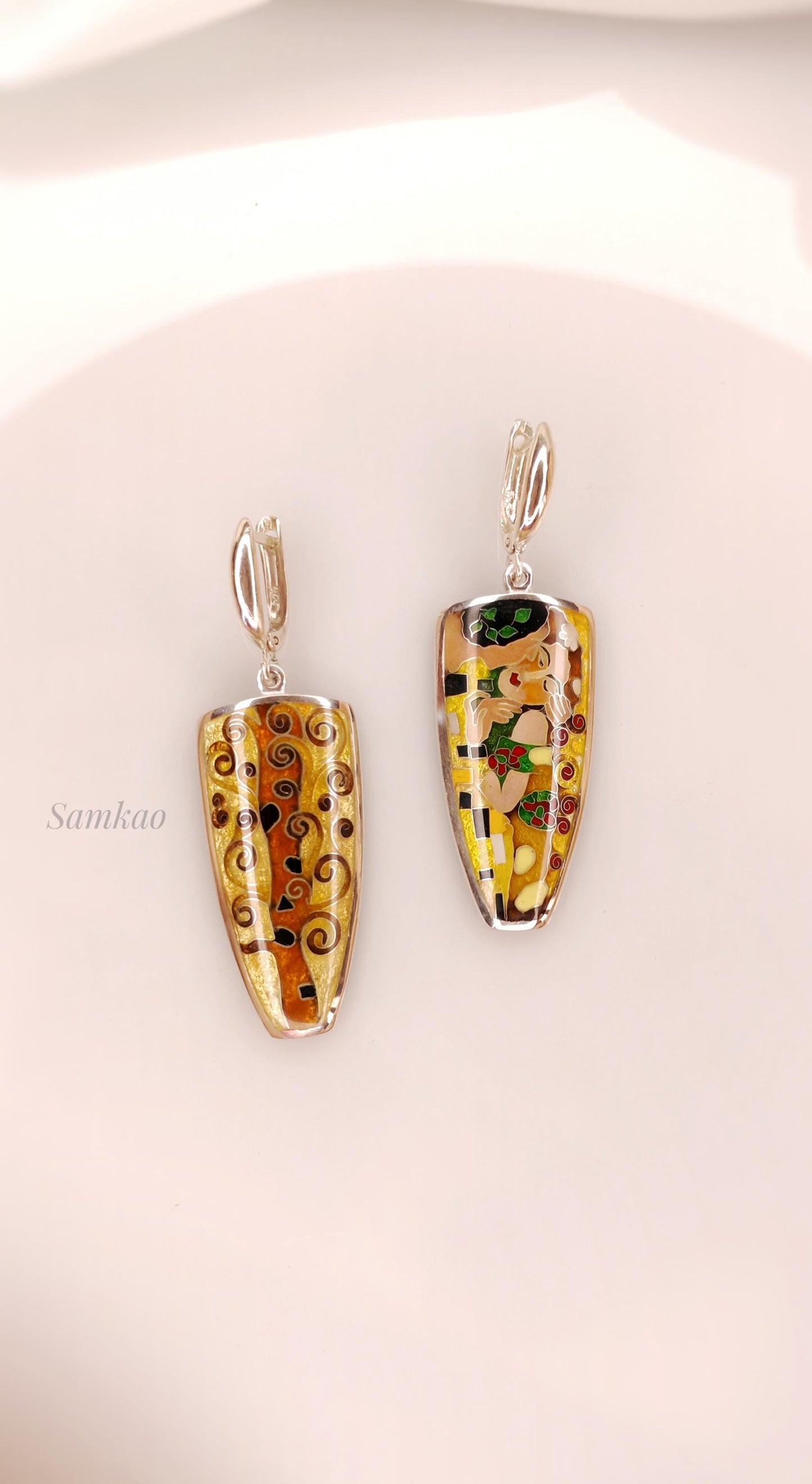 Gustav Klimt ,The kiss jewelry , Earrings with Art,Cloisonne enamel jewelry, Sterling silver 999, Gift for her