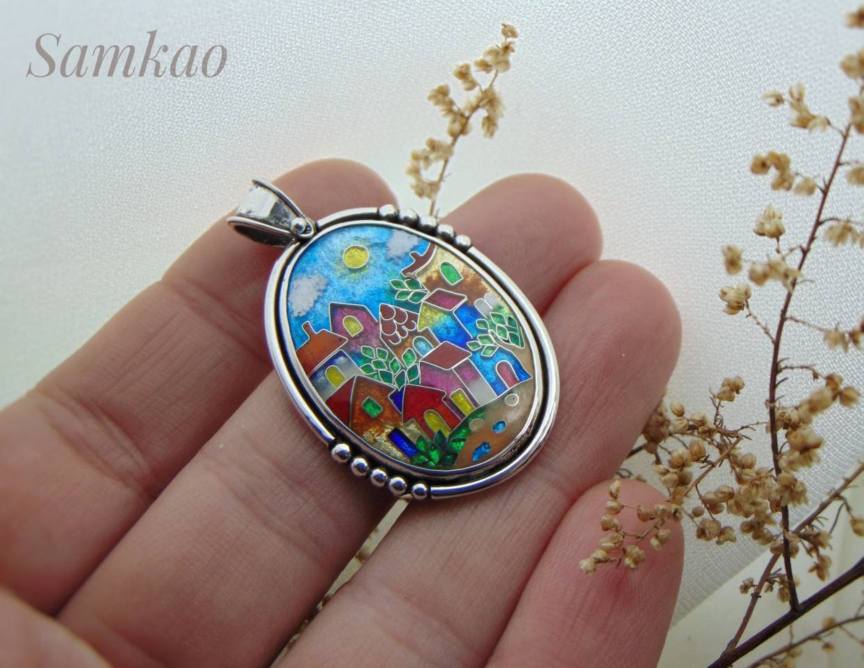 Colorful houses, Georgian Cloisonne enamel pendant, Handmade jewelry,Sterling silver 925 , Colorful jewelry,Artisan jewelry