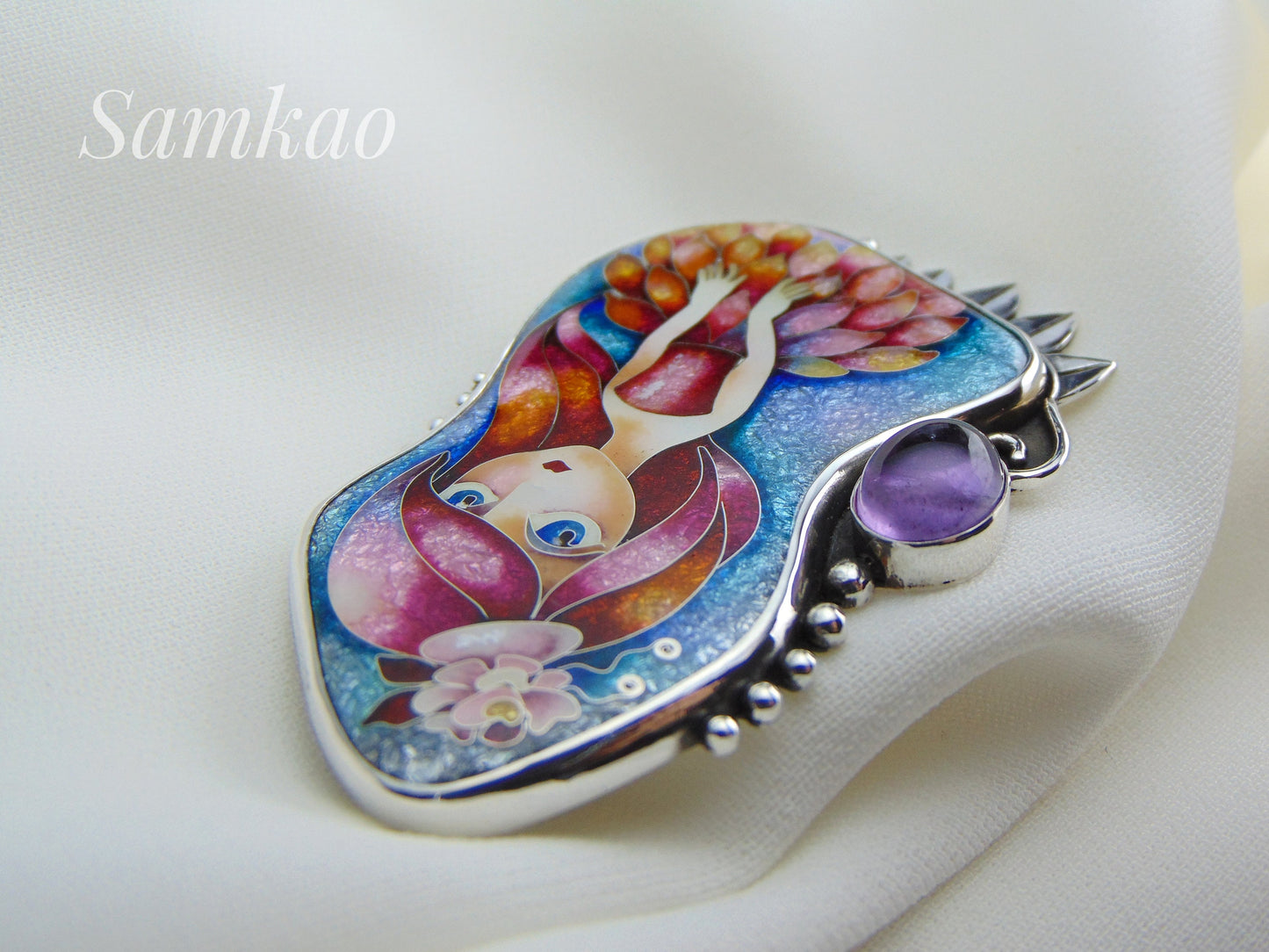 Ballerina pendant,Cloisonne enamel,Handmade jewelry,Gifts for Her,Fairy pendant,Sterling silver pendant,One of a kind,Pink ballerina pendant