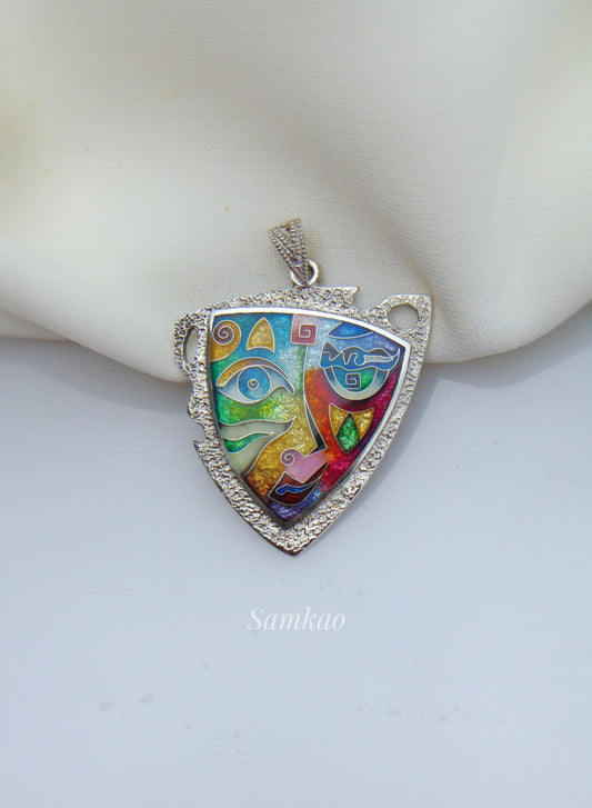 Cloisonne enamel pendant mask,Theatrical Mask, Venetian Mask,Gift for Actor, Theater Gift, Picasso inspired silver 999 pendant, Gift artist