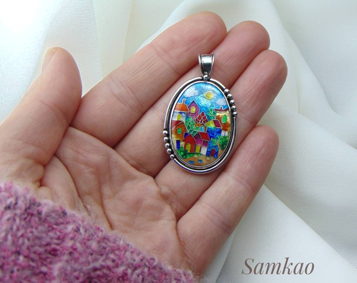 Colorful houses, Georgian Cloisonne enamel pendant, Handmade jewelry,Sterling silver 925 , Colorful jewelry,Artisan jewelry