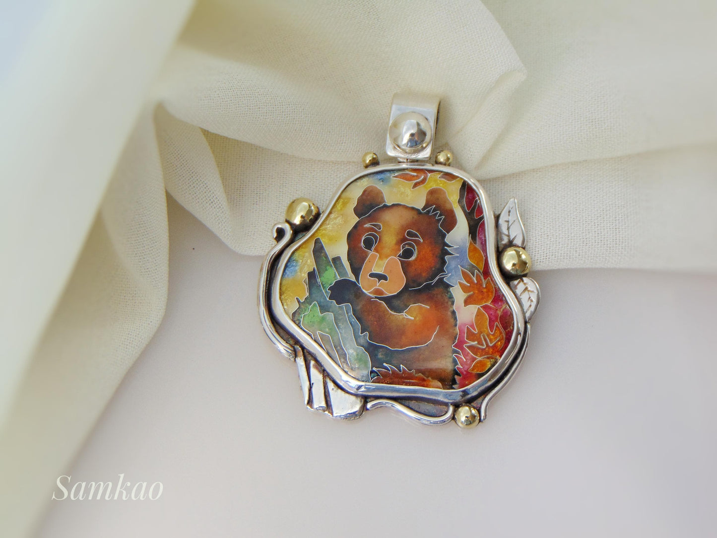 Brown bear pendant, Cloisonne enamel, Sterling silver necklace, Handmade jewelry
