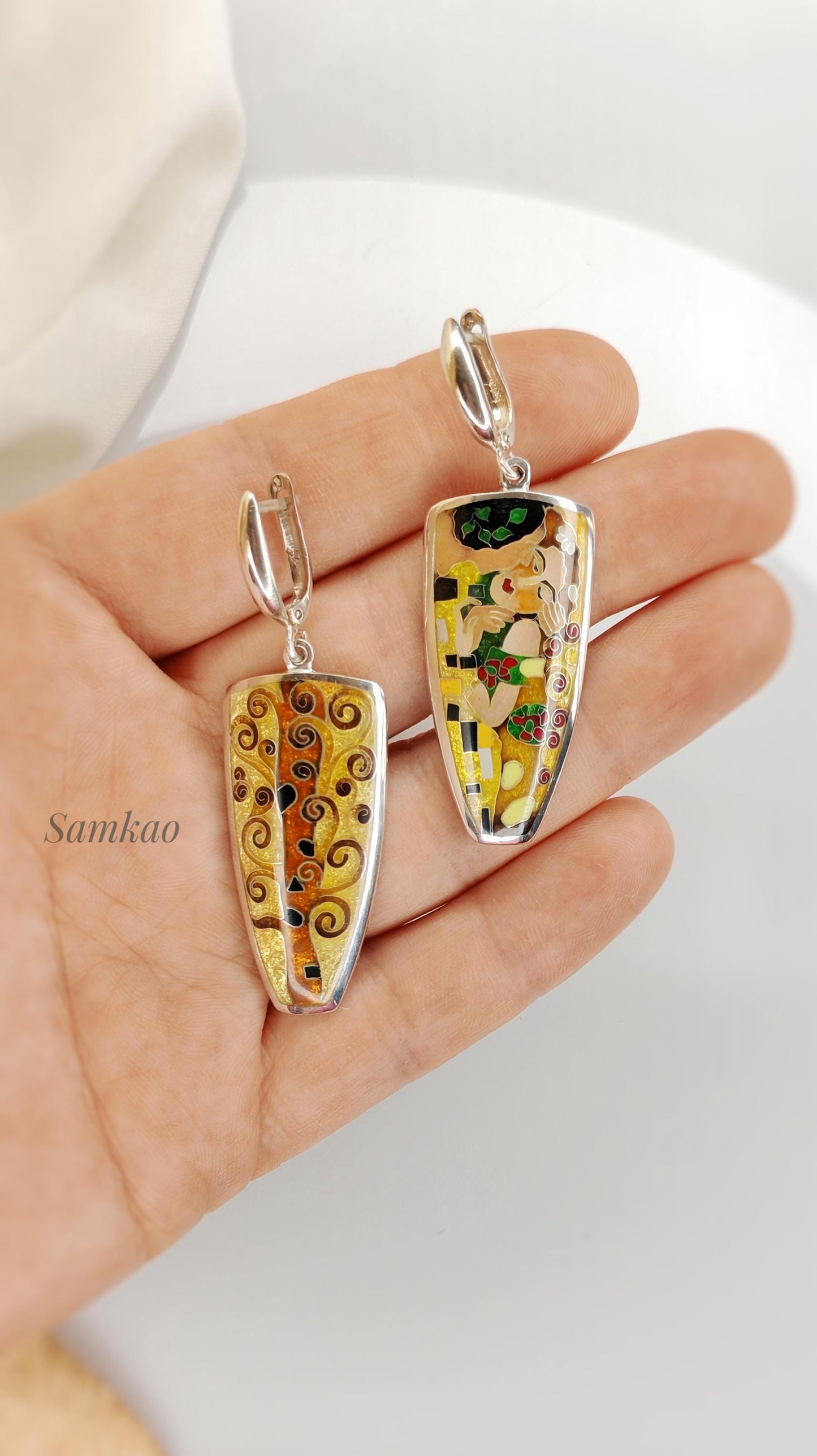 Gustav Klimt ,The kiss jewelry , Earrings with Art,Cloisonne enamel jewelry, Sterling silver 999, Gift for her