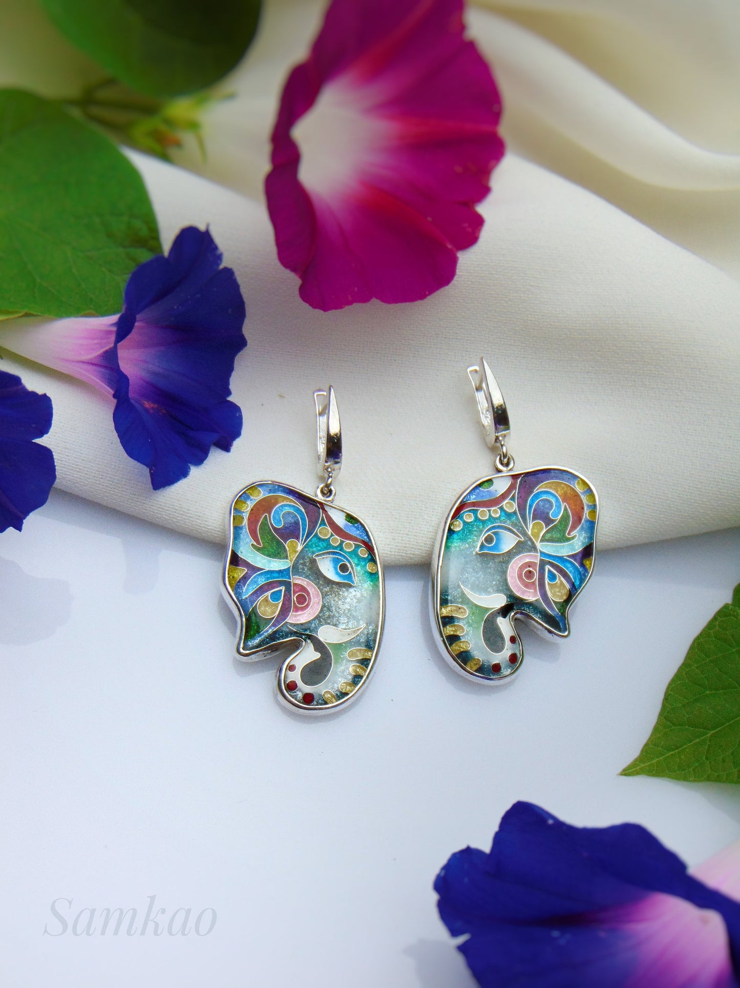 Elephant earrings,Cloisonne enamel,Sterling silver,Handmade jewelry,Silver 950,Gift for her,Elephant jewelry, Silver Animal Earrings