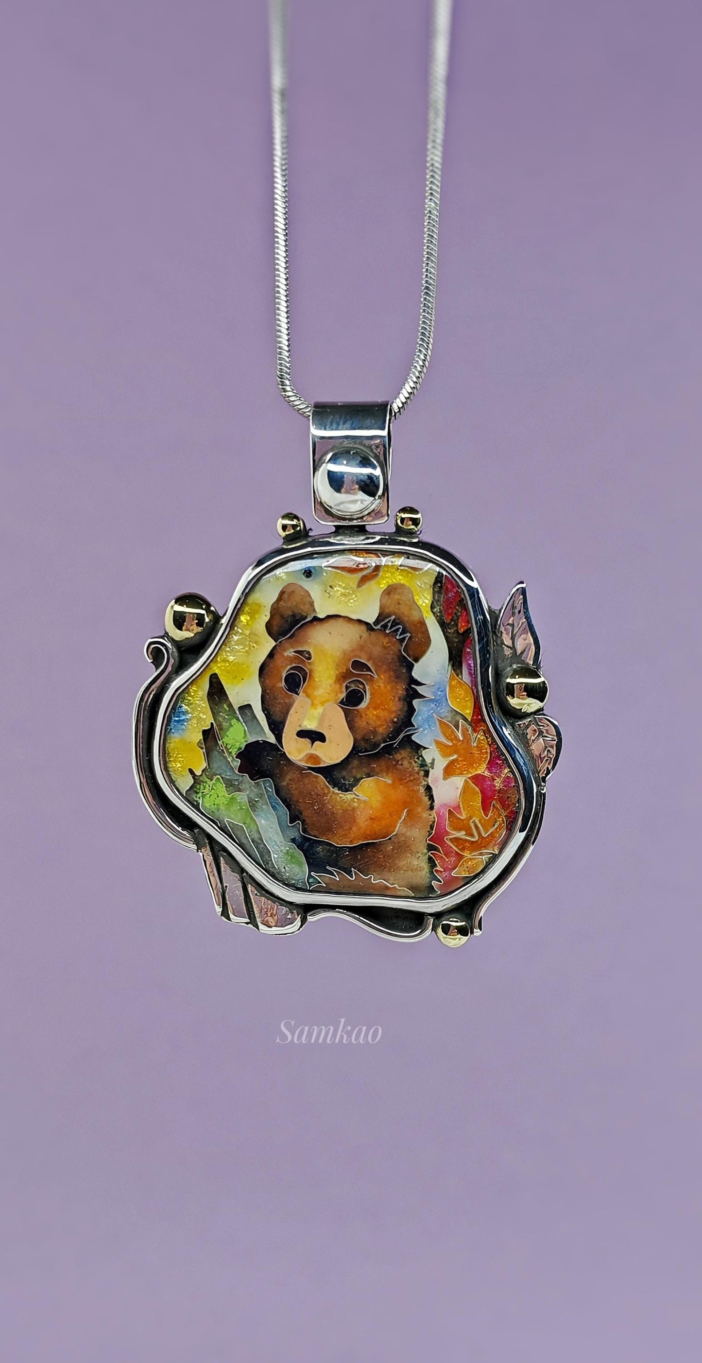 Brown bear pendant, Cloisonne enamel, Sterling silver necklace, Handmade jewelry