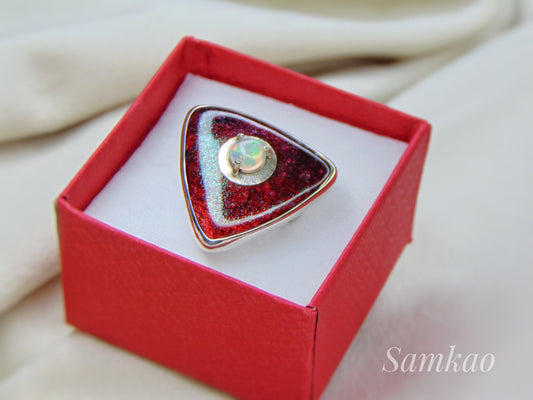Handmade Silver Ring with Ethiopian Opal – Triangle Hot Enamel Statement Ring – Deep Red Cosmic Jewelry