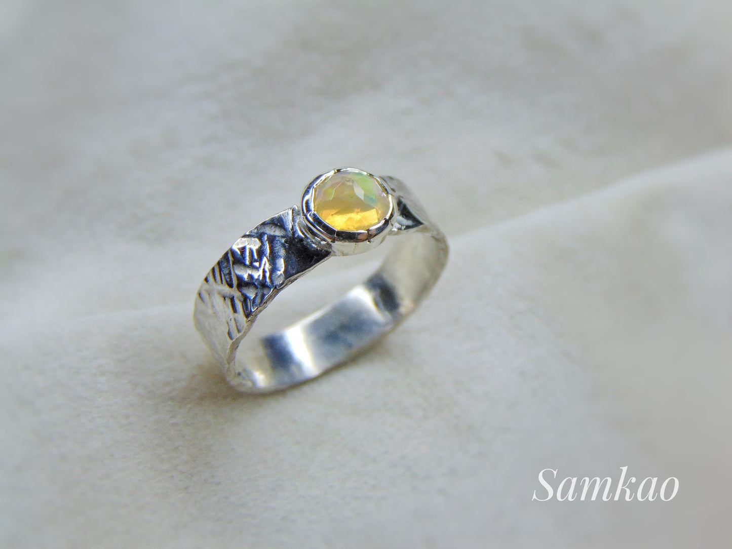 Handmade Silver Ring with Ethiopian Opal, Size 20 (EU) / 10 (US), Unique Gift, Natural Gemstone
