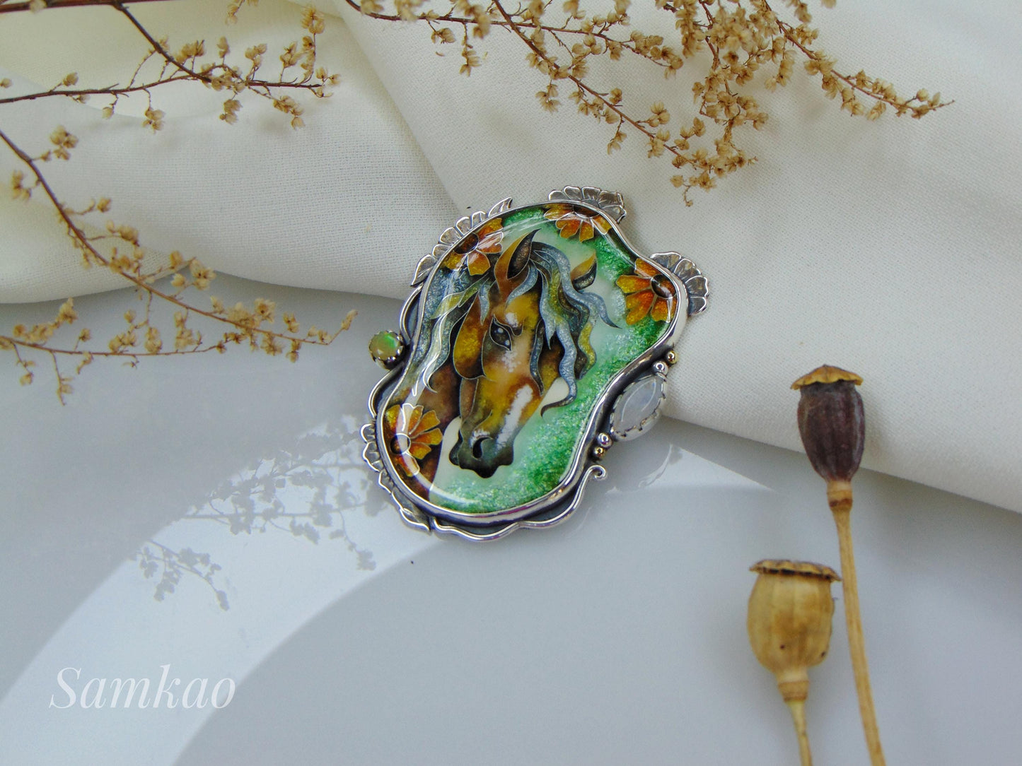 Horse pendant,Cloisonne enamel jewelry, Opals necklace, Horse lover gift, Sunflower pendant, Handmade Sterling silver jewelry