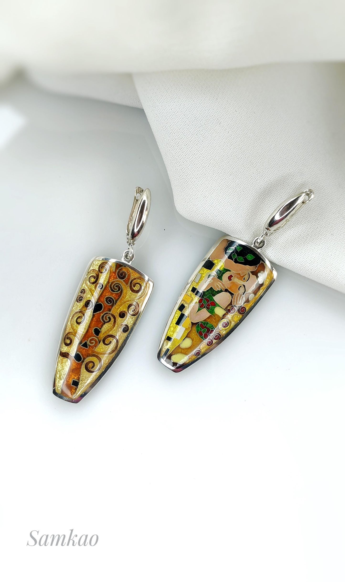 Gustav Klimt ,The kiss jewelry , Earrings with Art,Cloisonne enamel jewelry, Sterling silver 999, Gift for her