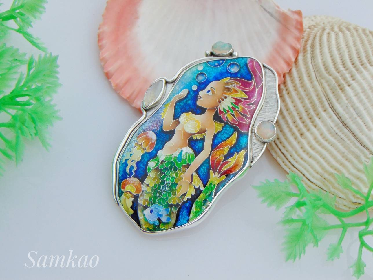 Mermaid pendant,Cloisonne enamel,Handmade jewelry,Sterling silver,Ethiopian opals,Moonstone,Ocean jewelry,Mermaid jewelry