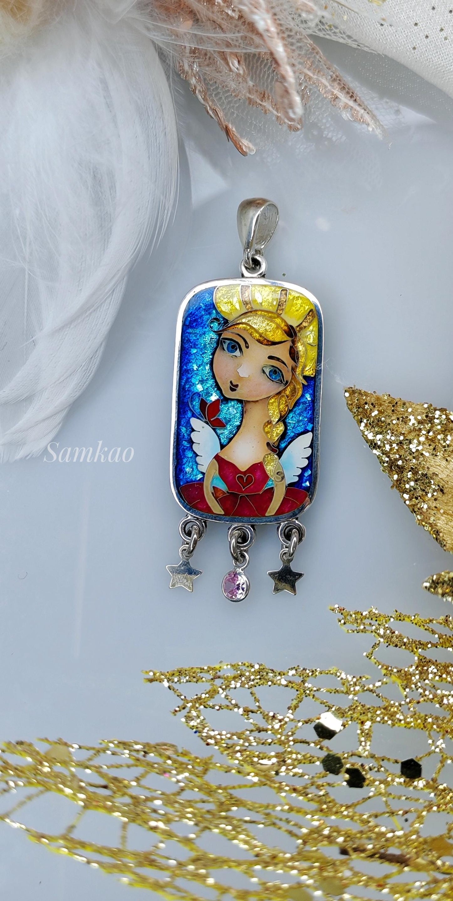 Angel pendant,Georgian cloisonne enamel jewelry,Fine silver 999,Gift for Christmas,Vitreous enamel,