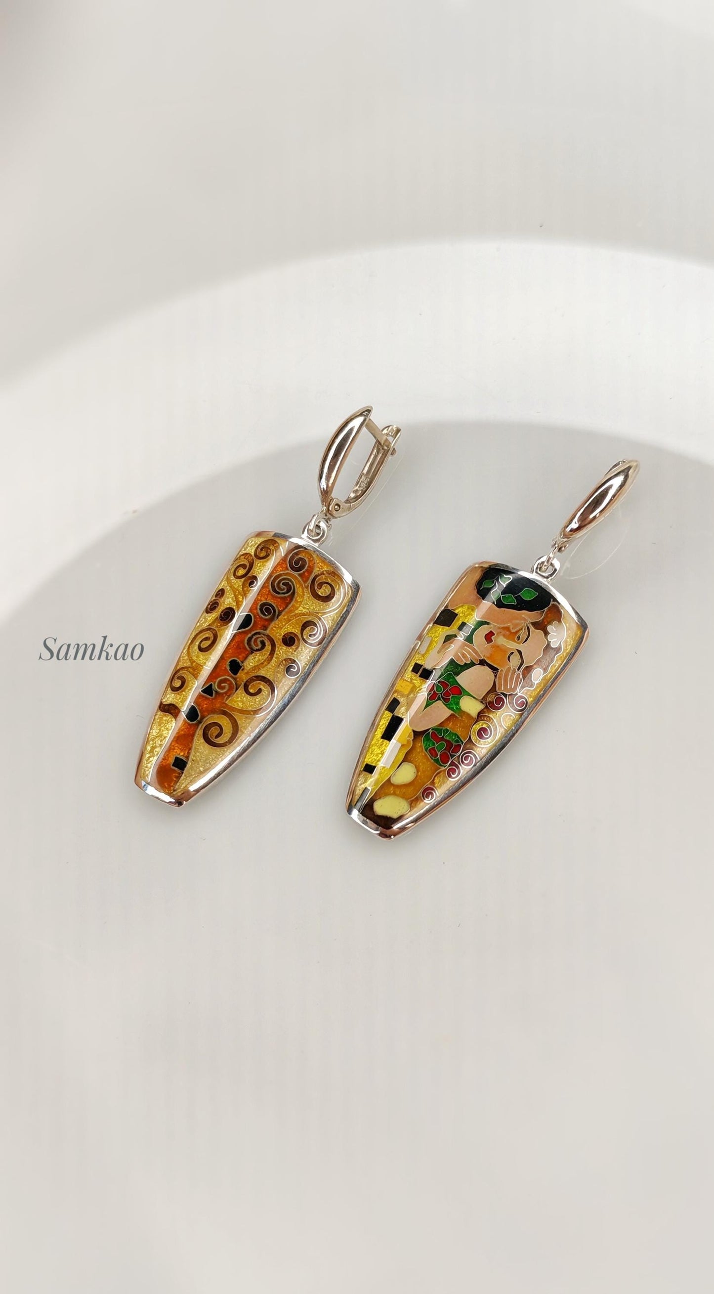 Gustav Klimt ,The kiss jewelry , Earrings with Art,Cloisonne enamel jewelry, Sterling silver 999, Gift for her