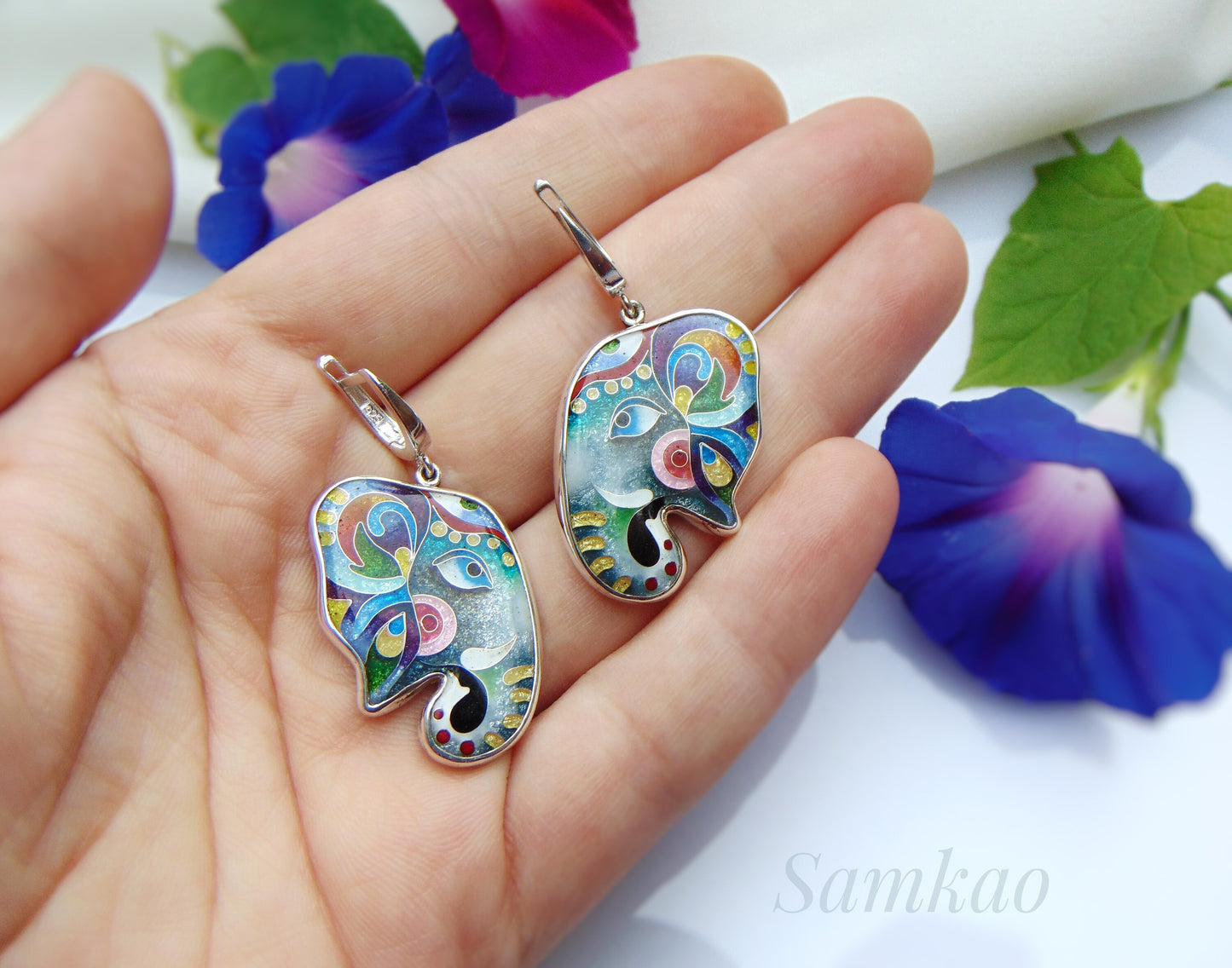 Elephant earrings,Cloisonne enamel,Sterling silver,Handmade jewelry,Silver 950,Gift for her,Elephant jewelry, Silver Animal Earrings