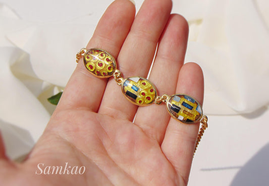 Cloisonné Enamel Bracelet – 24k Gold, Gustav Klimt inspired,Sterling Silver Link Bracelet, Adjustable , Handmade Gift for Her