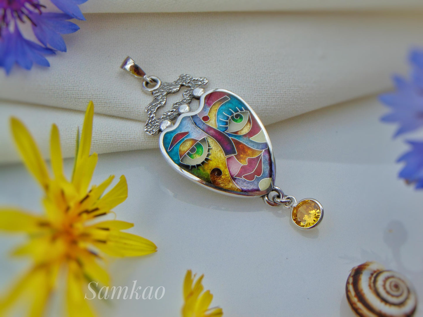 Colorful Cloisonné Enamel Pendant,Abstract Face Jewelry,Handmade Sterling Silver Necklace,Art Jewelry,Gift for Her,Unique Statement piece
