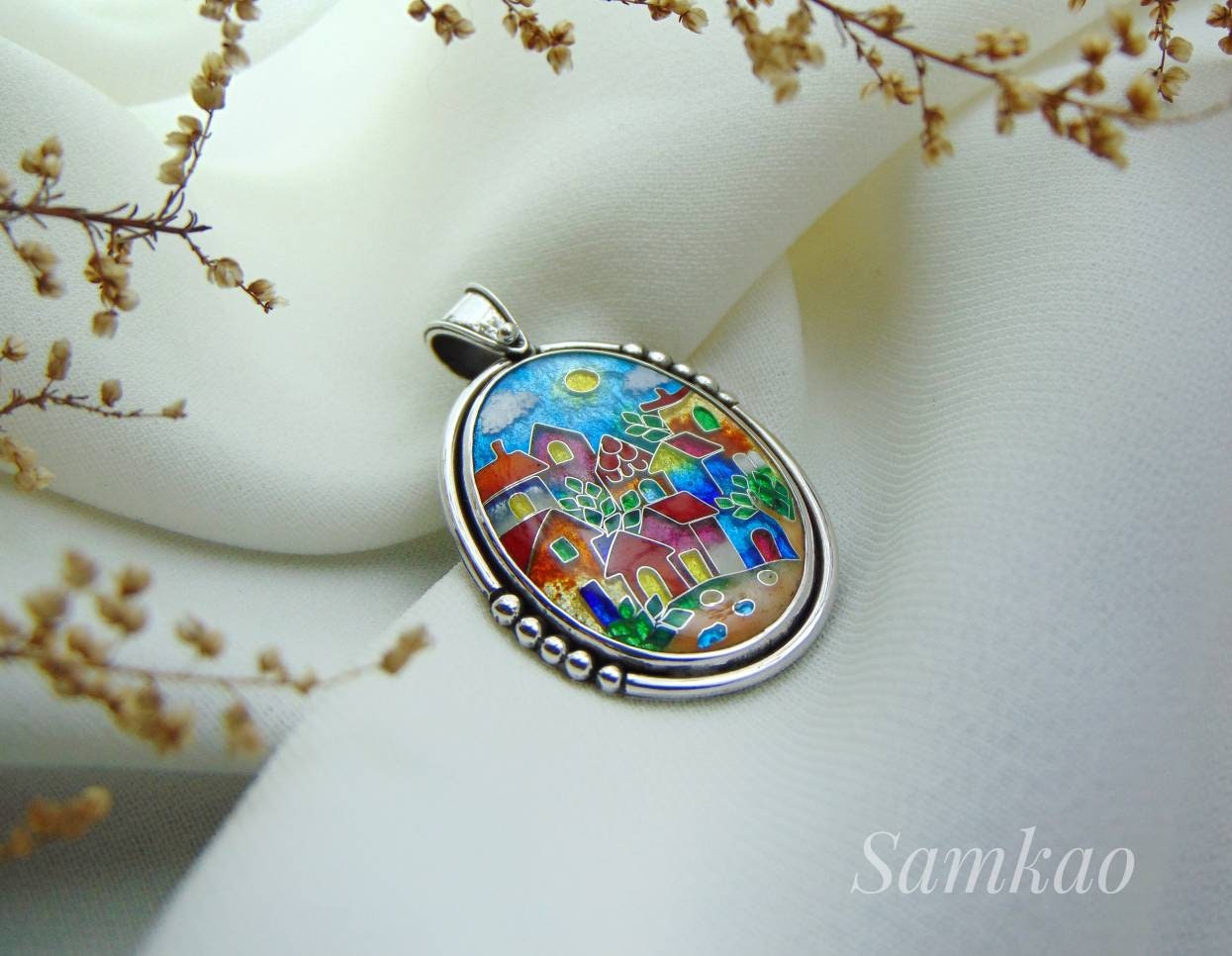 Colorful houses, Georgian Cloisonne enamel pendant, Handmade jewelry,Sterling silver 925 , Colorful jewelry,Artisan jewelry