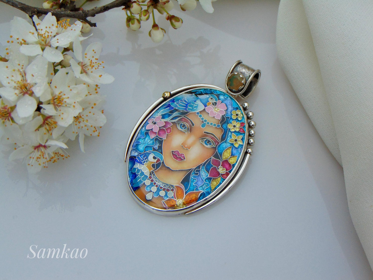 Magic Fairy with blue hair, Flower fairy necklace, Cloisonne enamel jewelry, Sterling silver,Opal,Parrot necklace