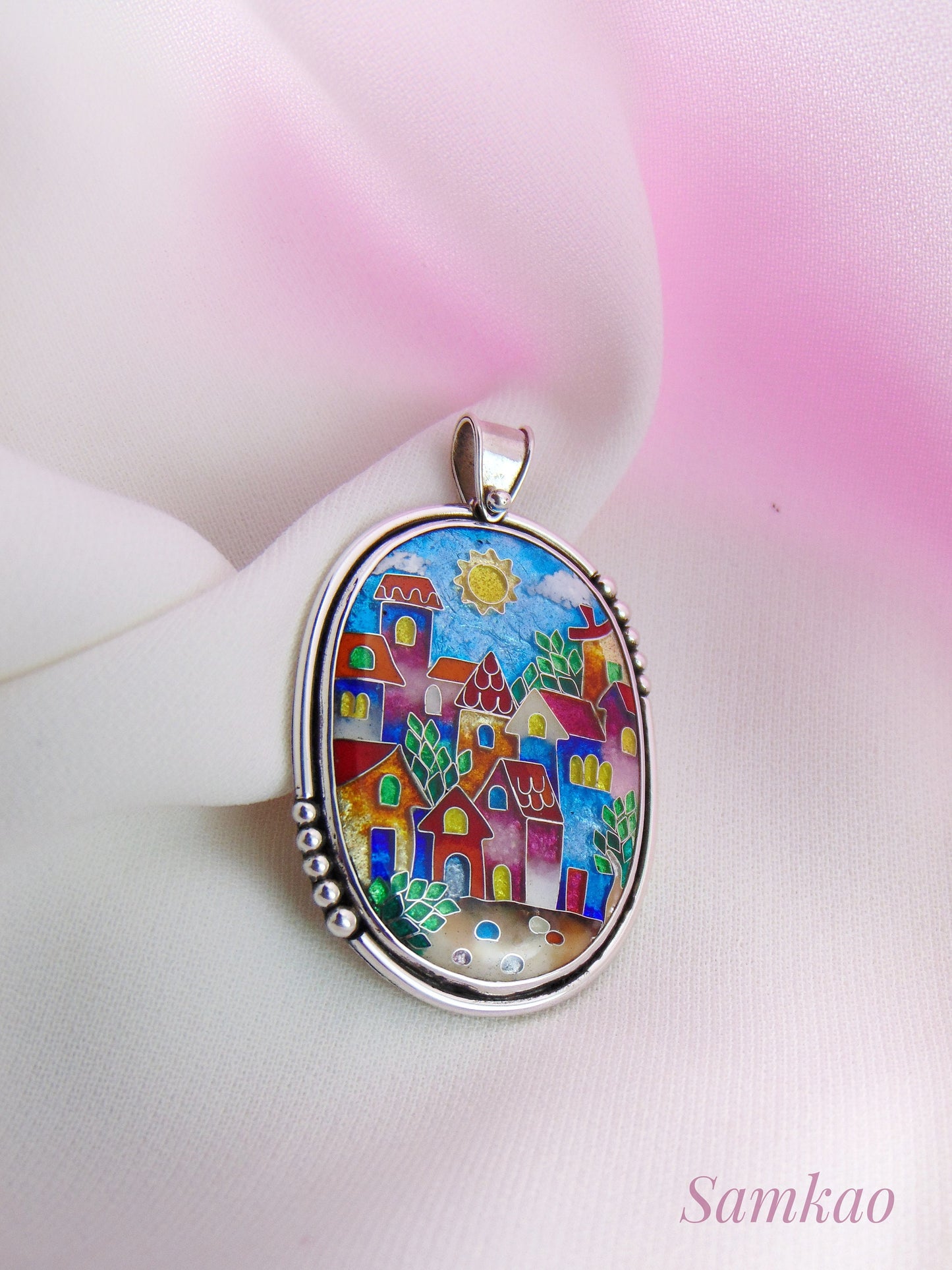 Pendant with colorful houses, Cloisonne enamel jewelry, one of a kind cloisonne enamel pendant, gift for her, Sterling silver