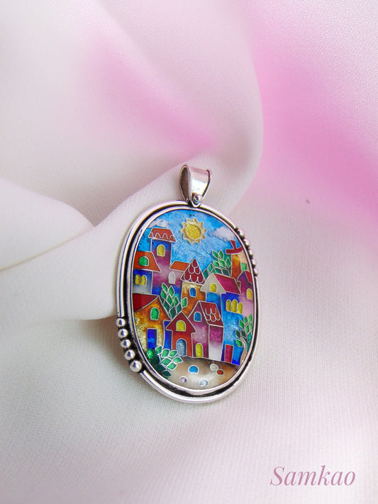 Pendant with colorful houses, Cloisonne enamel jewelry, one of a kind cloisonne enamel pendant, gift for her, Sterling silver