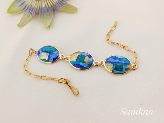 Cloisonné Enamel Bracelet – 24k Gold Plated Sterling Silver Link Bracelet, Adjustable Blue and Golden Jewelry, Handmade Gift for Her