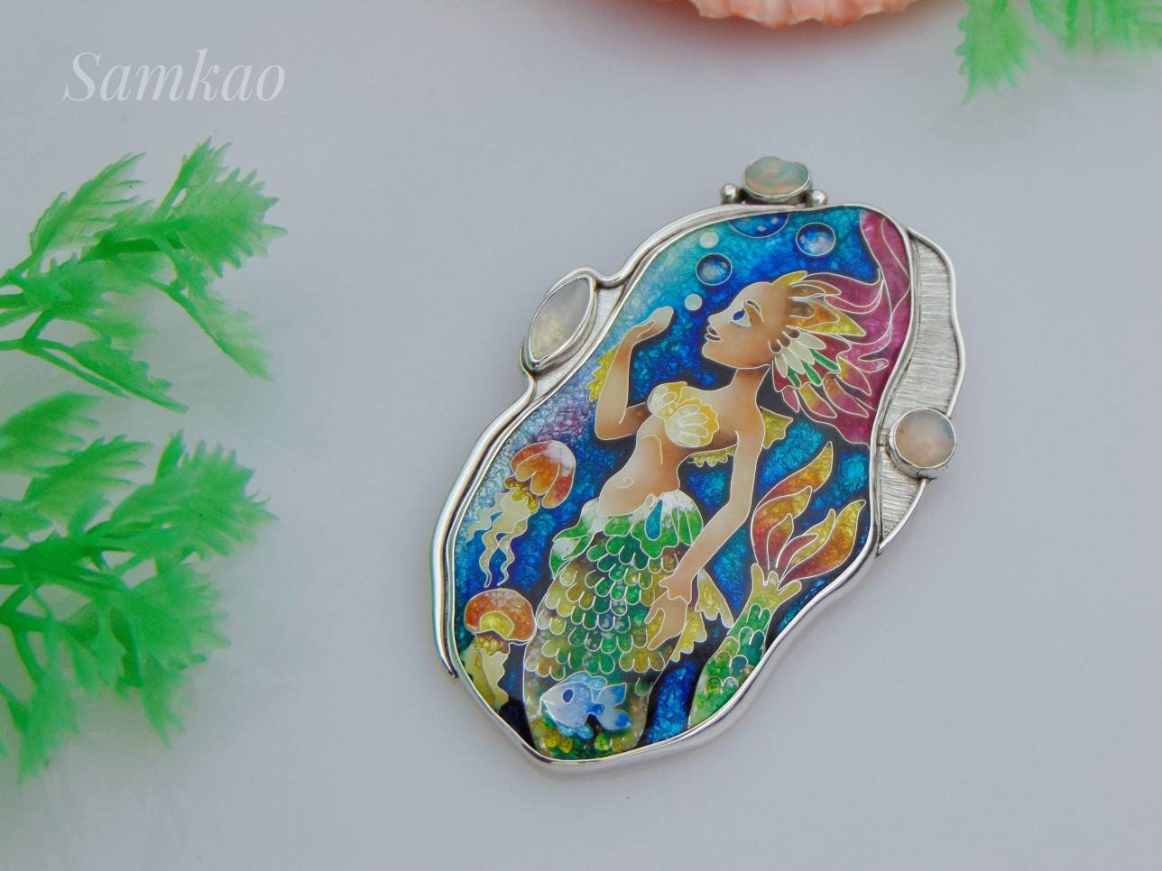 Mermaid pendant,Cloisonne enamel,Handmade jewelry,Sterling silver,Ethiopian opals,Moonstone,Ocean jewelry,Mermaid jewelry