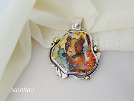 Brown bear pendant, Cloisonne enamel, Sterling silver necklace, Handmade jewelry