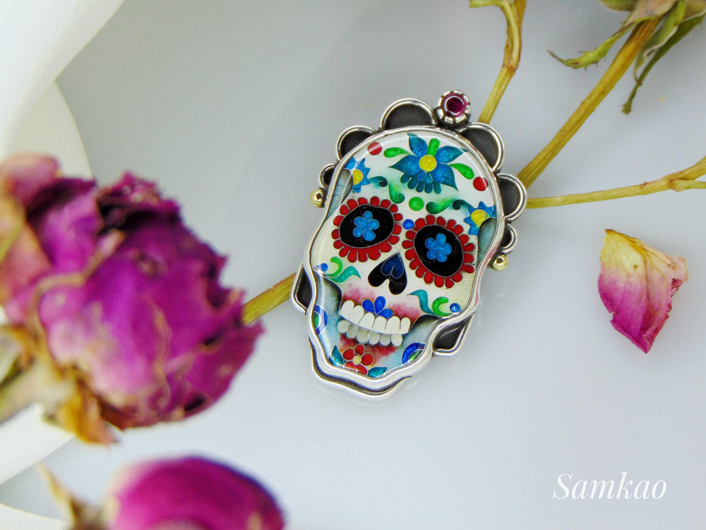 Skull pendant, Calavera skull pendant, Cloisonne enamel, Sterling silver, Sugar skull pendant