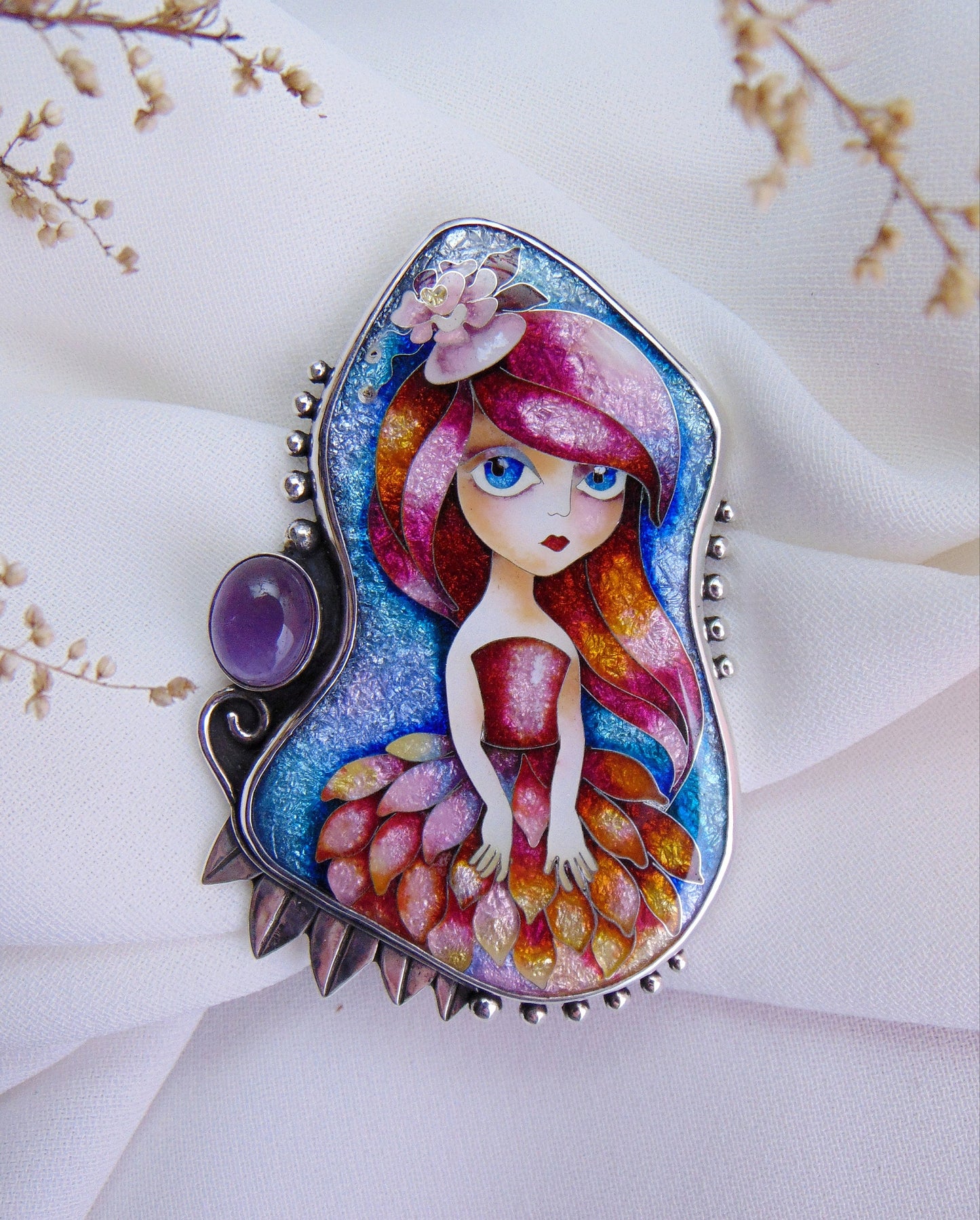 Ballerina pendant,Cloisonne enamel,Handmade jewelry,Gifts for Her,Fairy pendant,Sterling silver pendant,One of a kind,Pink ballerina pendant
