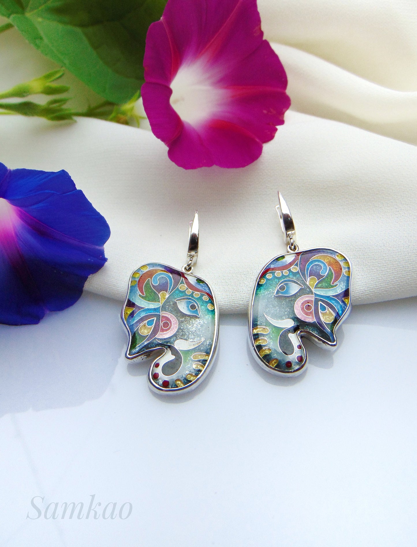 Elephant earrings,Cloisonne enamel,Sterling silver,Handmade jewelry,Silver 950,Gift for her,Elephant jewelry, Silver Animal Earrings