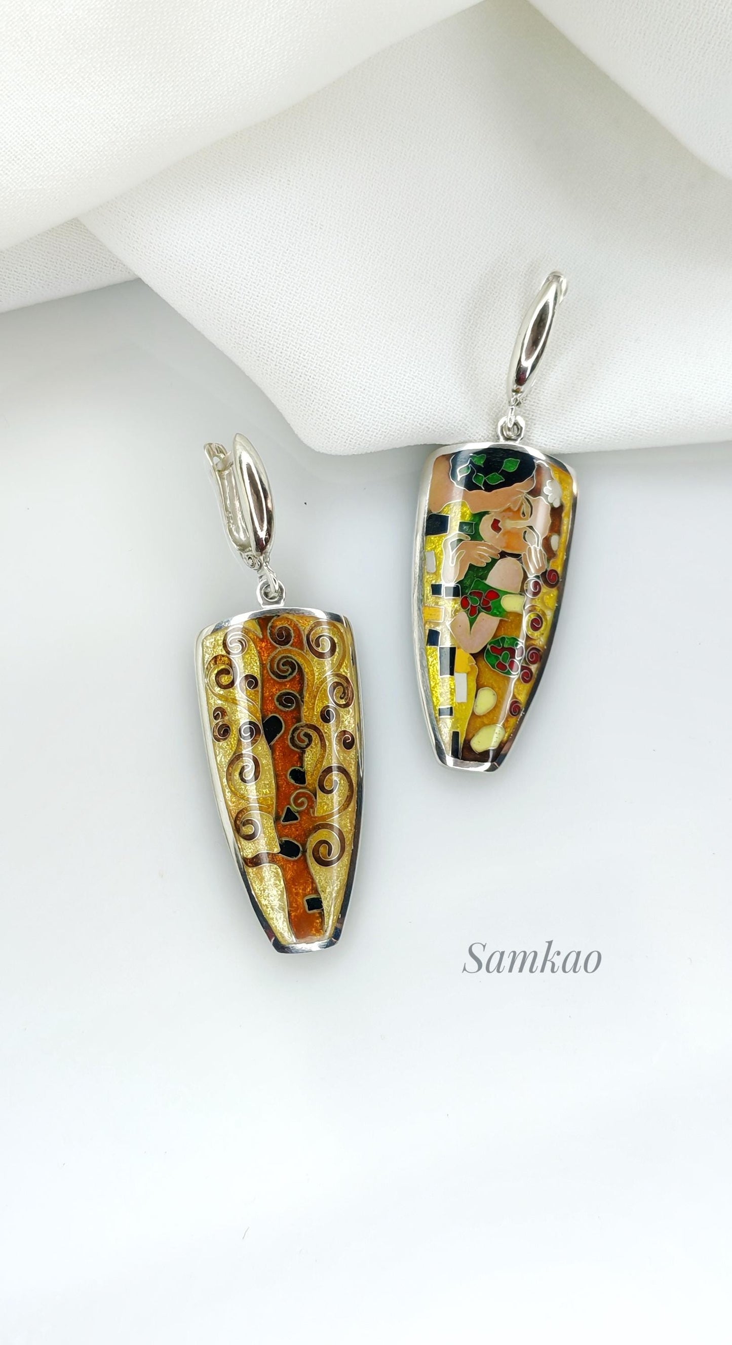 Gustav Klimt ,The kiss jewelry , Earrings with Art,Cloisonne enamel jewelry, Sterling silver 999, Gift for her