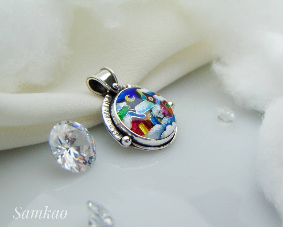 Snowy house pendant,Cloisonne enamel jewelry,Sterling silver, Christmas houses pendant, Handmade jewelry