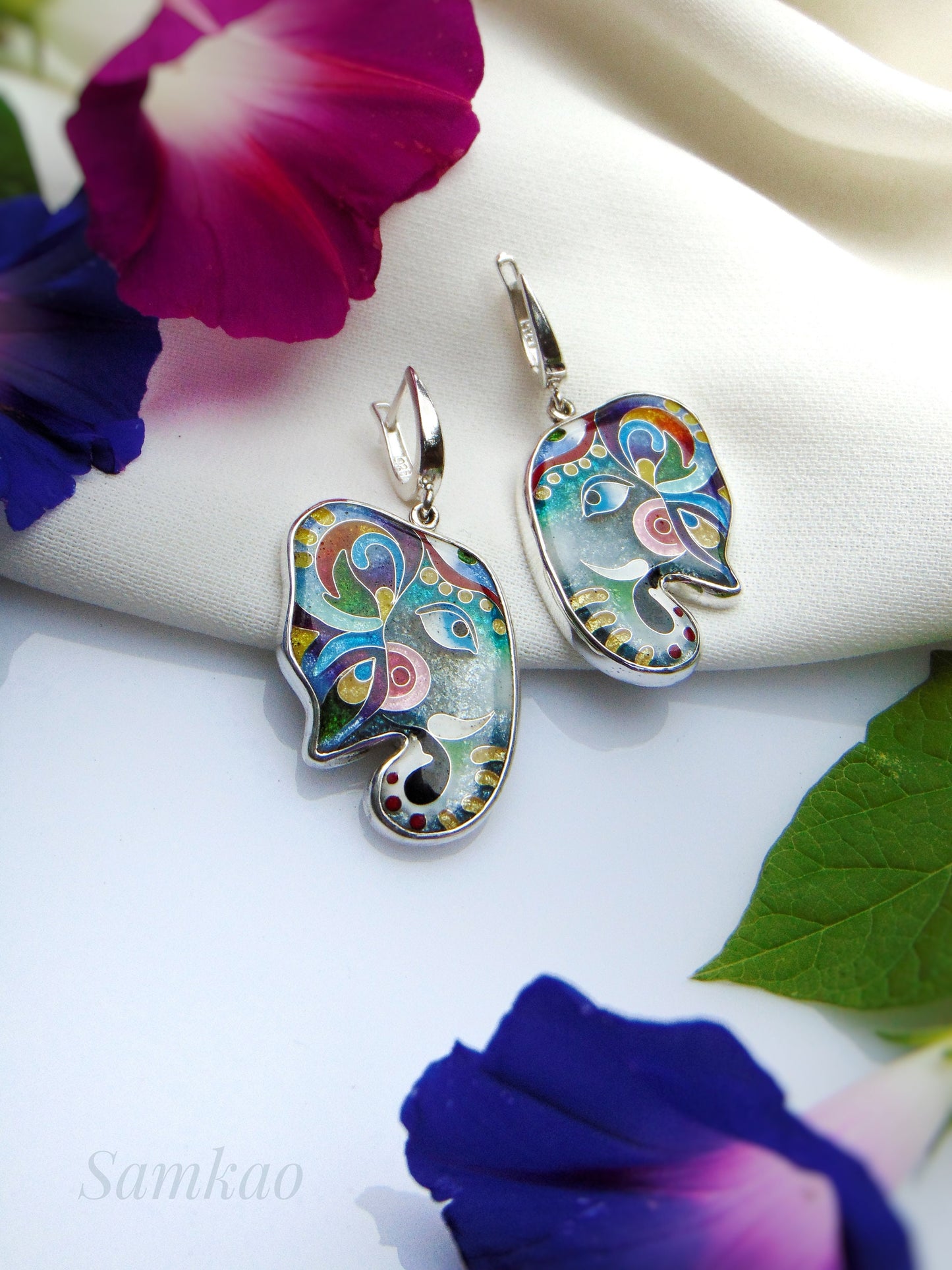 Elephant earrings,Cloisonne enamel,Sterling silver,Handmade jewelry,Silver 950,Gift for her,Elephant jewelry, Silver Animal Earrings