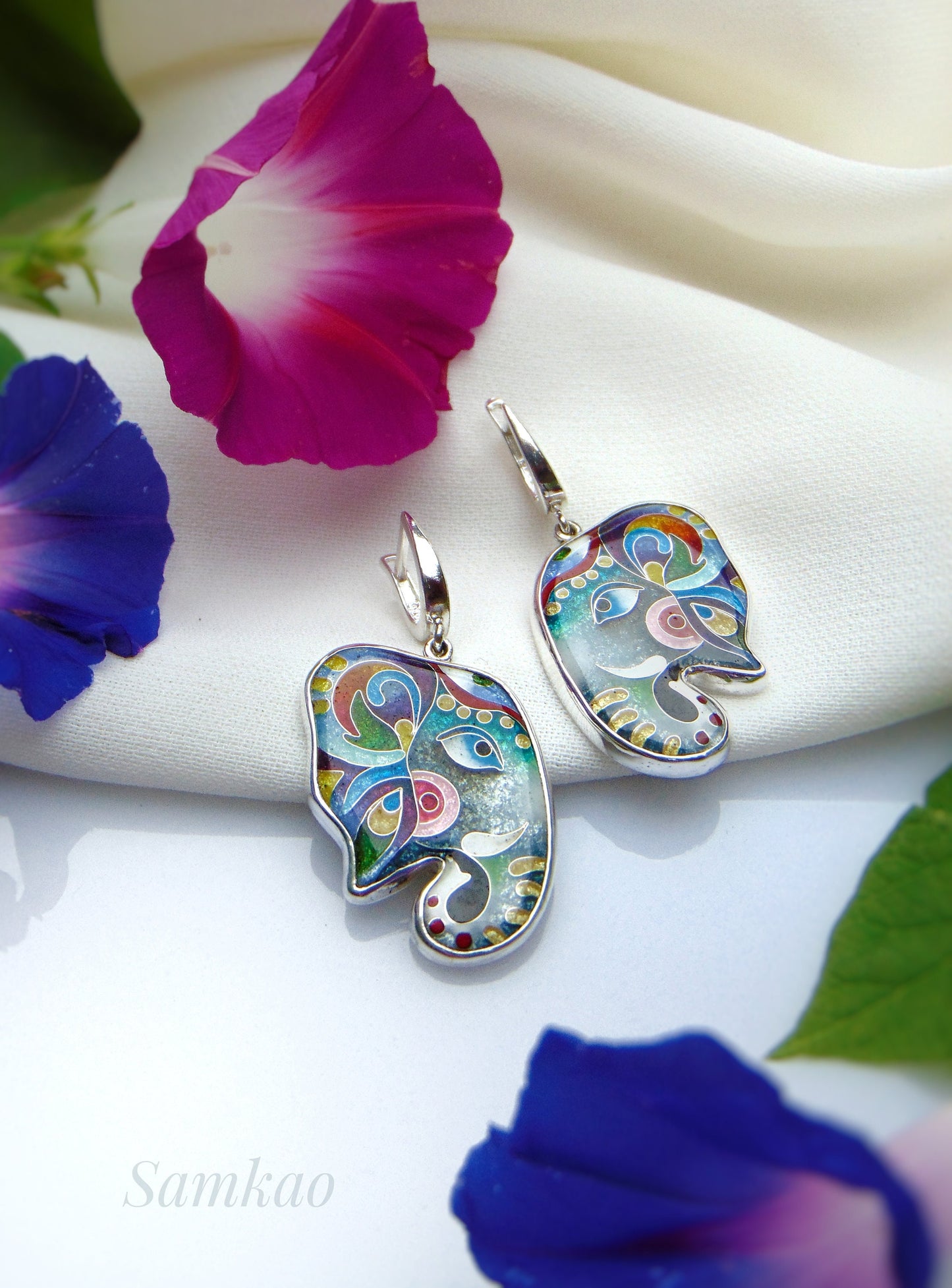 Elephant earrings,Cloisonne enamel,Sterling silver,Handmade jewelry,Silver 950,Gift for her,Elephant jewelry, Silver Animal Earrings