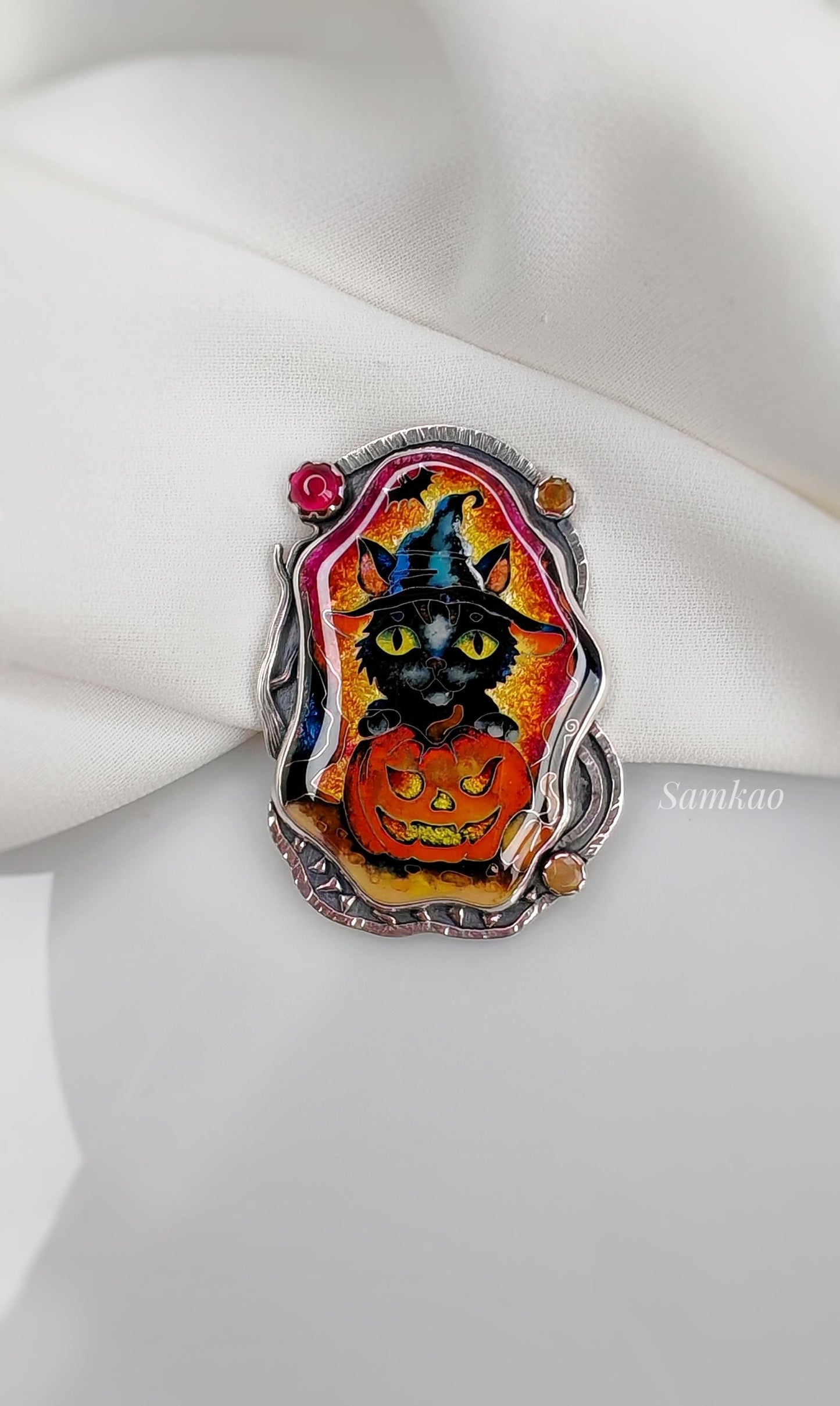 Halloween black witch cat with pumpkin, Cloisonne enamel pendant,Sterling silver, Opals,Handmade jewelry