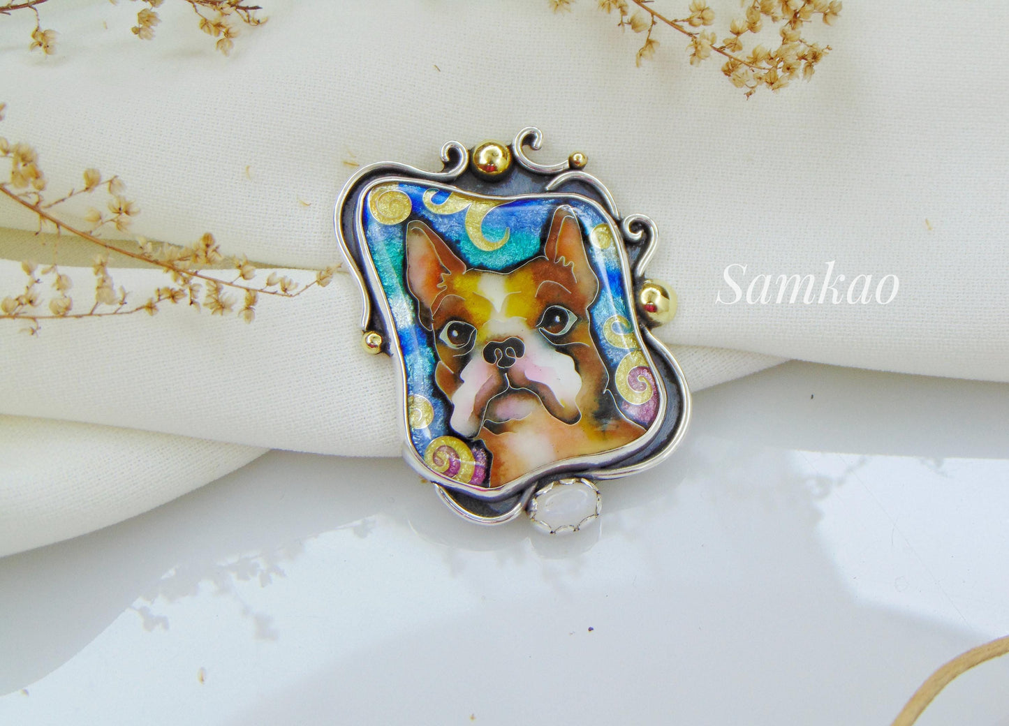 French bulldog necklace,Cloisonne enamel jewelry,Sterling silver, Moonstone,Frenchie Pendant,Pet lover gift