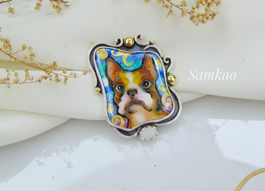 French bulldog necklace,Cloisonne enamel jewelry,Sterling silver, Moonstone,Frenchie Pendant,Pet lover gift