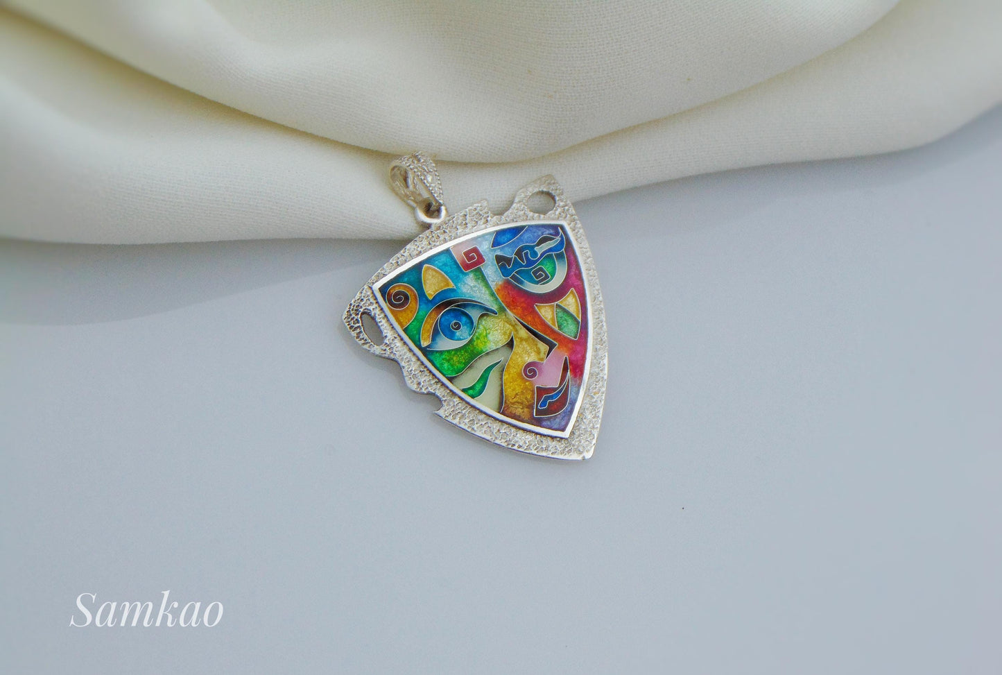 Cloisonne enamel pendant mask,Theatrical Mask, Venetian Mask,Gift for Actor, Theater Gift, Picasso inspired silver 999 pendant, Gift artist