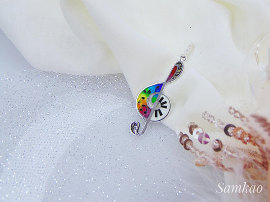 Treble clef pendant,Rainbow,Cloisonne enamel jewelry,Music teacher gift,Silver music notes pendant,Piano keys pendant,Musician pendant