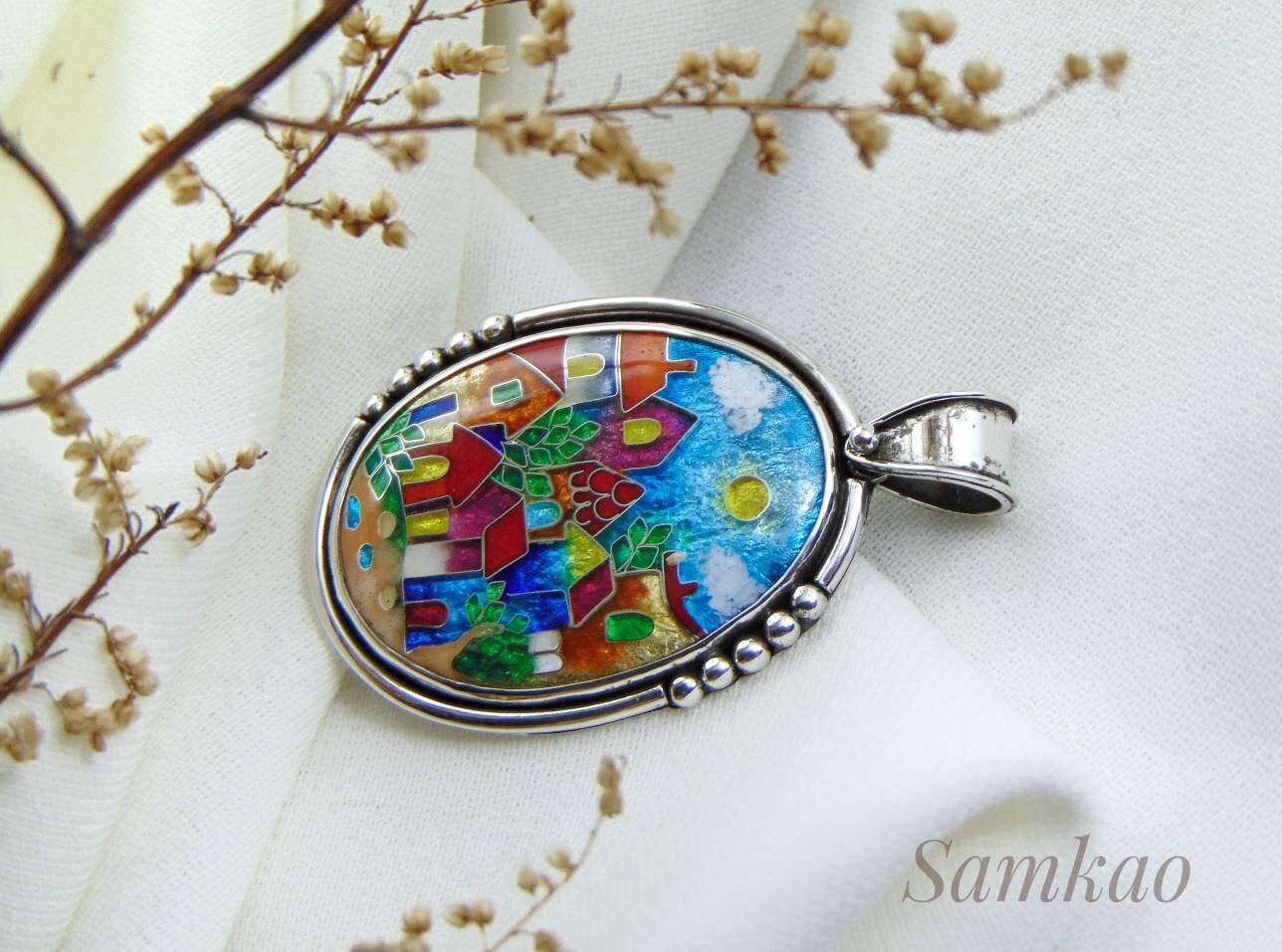 Colorful houses, Georgian Cloisonne enamel pendant, Handmade jewelry,Sterling silver 925 , Colorful jewelry,Artisan jewelry